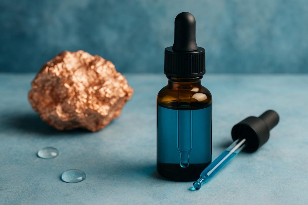 Blue glass dropper bottle with copper peptide serum and droplets on a white background