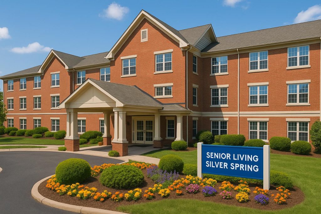Modern senior living apartments with landscaped gardens in Silver Spring, Maryland