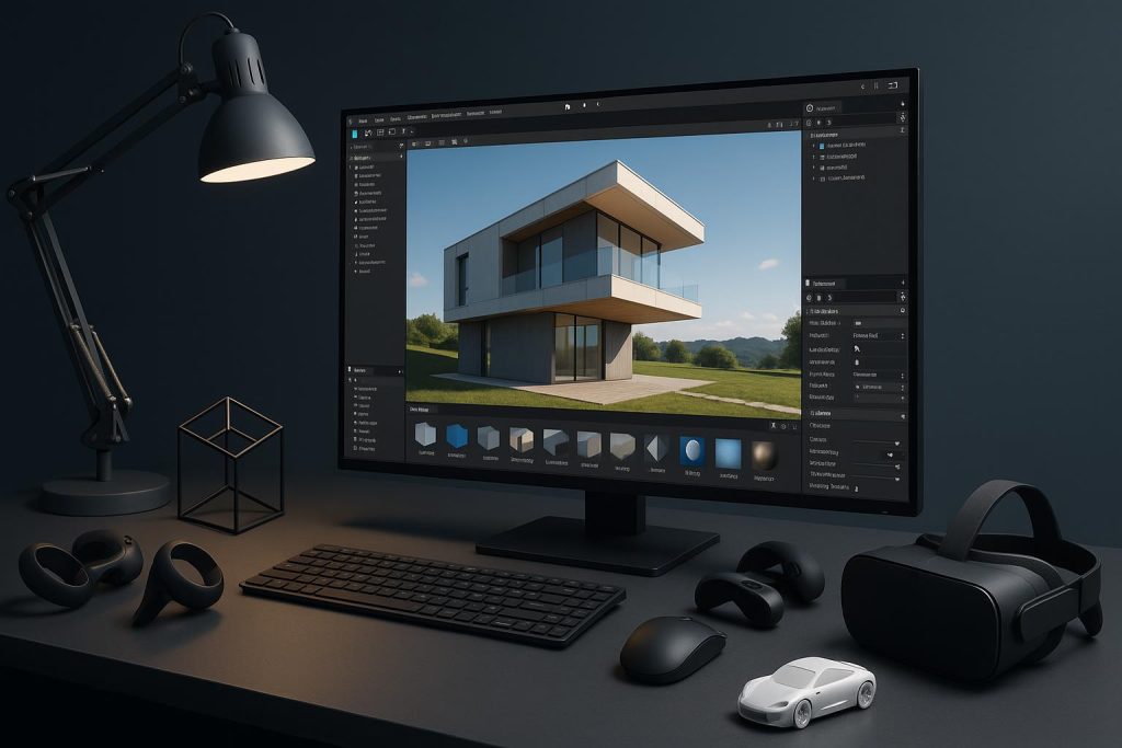 3D software interface showcasing business solutions powered by Unity technology
