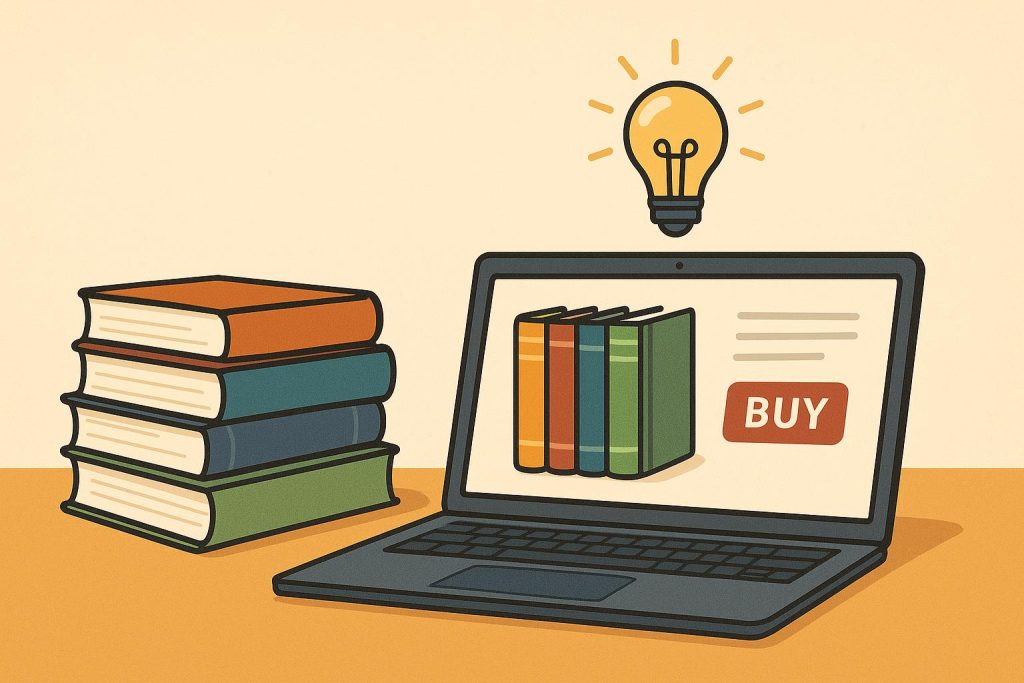 Stack of books next to a laptop and coffee cup, representing online book shopping benefits