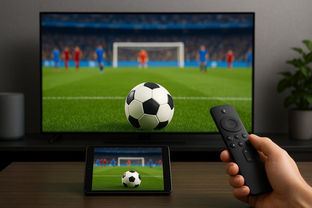 Football match streaming on a smart TV with digital devices and apps in a modern living room