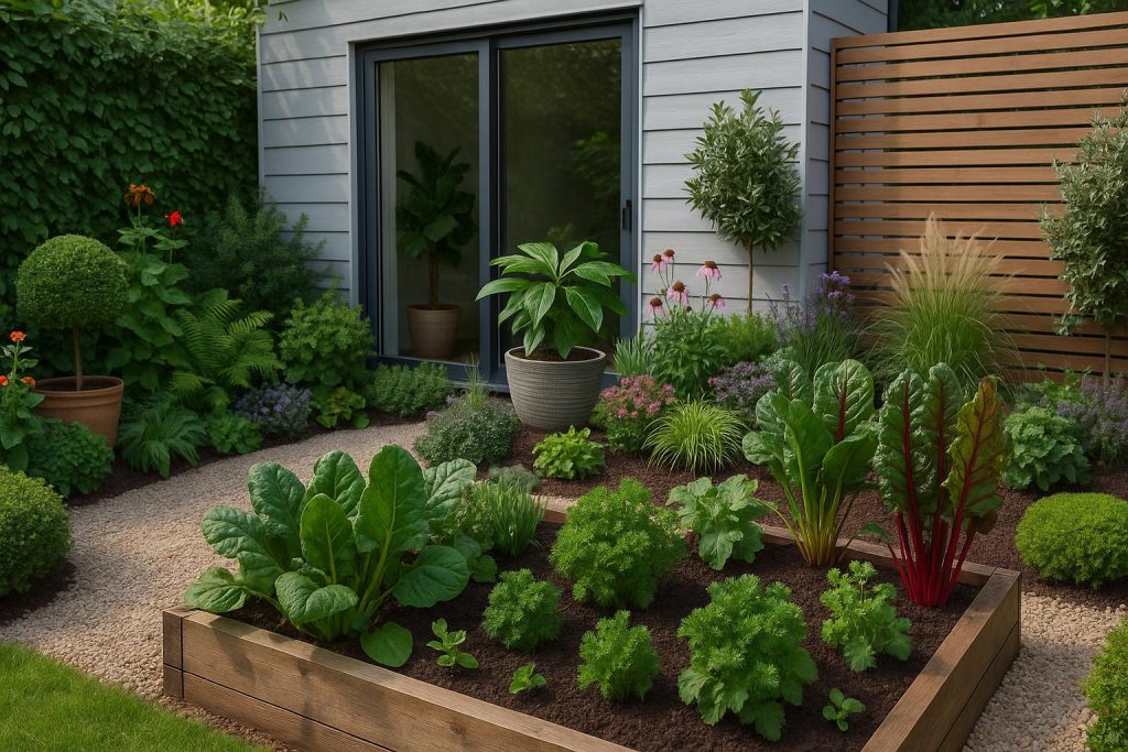 Lush backyard garden with custom planters and vibrant flowers for modern home landscaping