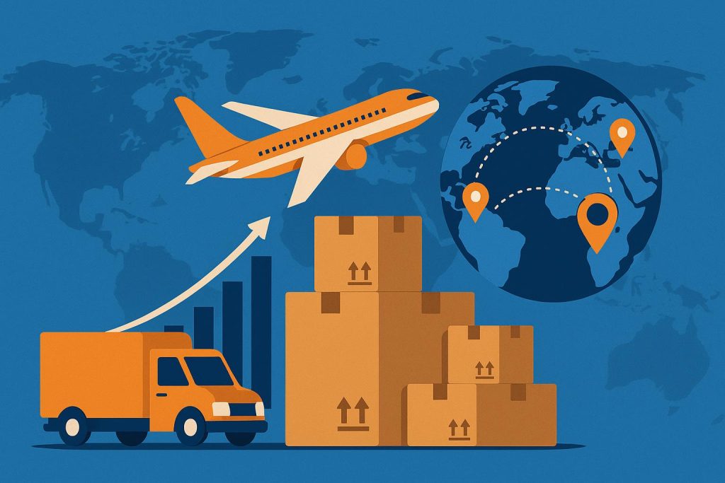 Global shipping containers and airplanes symbolize international courier services for business growth