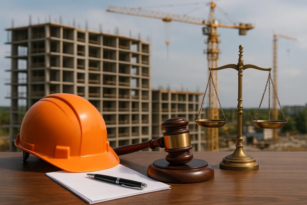 Orlando construction lawyer reviewing legal documents at a building site office desk