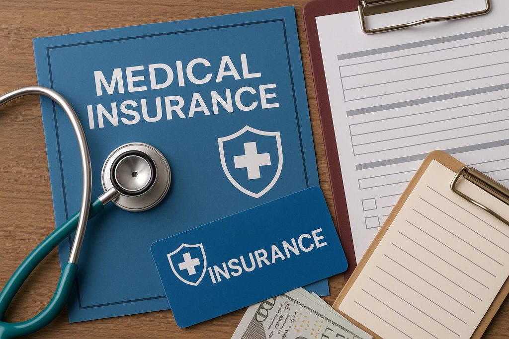 Health insurance policy documents, stethoscope, and pen symbolizing medical coverage choices