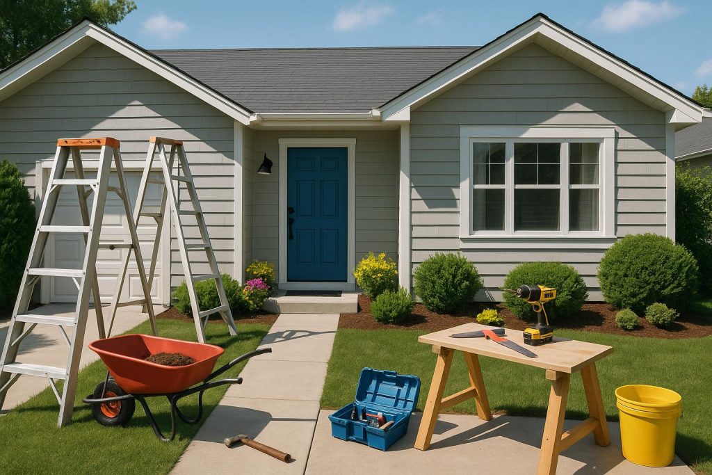 Freshly painted front door and tidy landscaping enhancing a home's curb appeal with DIY repairs