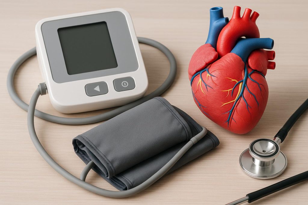 Blood pressure monitor displaying elevated readings for high blood pressure awareness and treatment