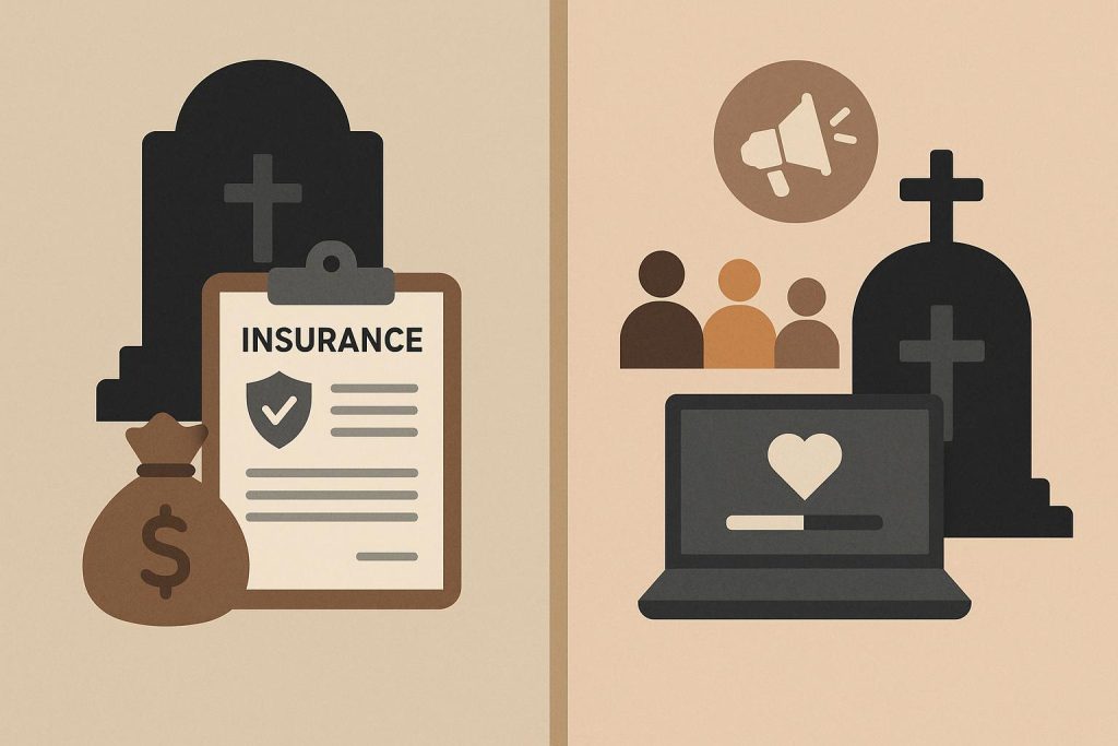 Funeral insurance policy documents next to crowdfunding donation box with coins and a calculator