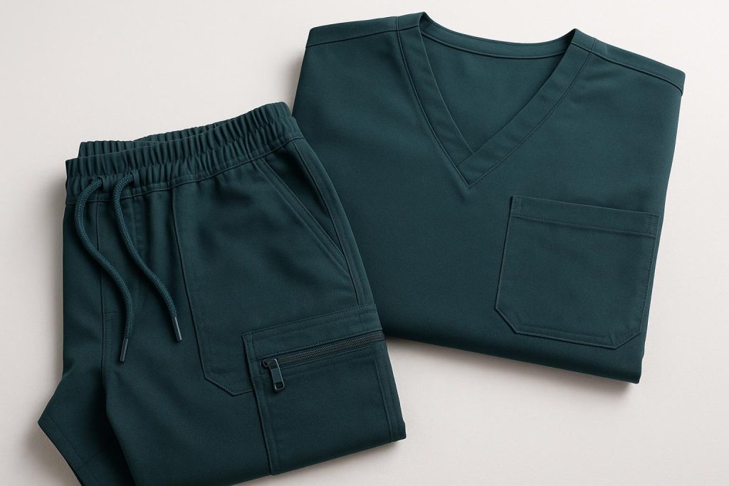 Modern durable medical scrubs in various colors and styles displayed for healthcare professionals