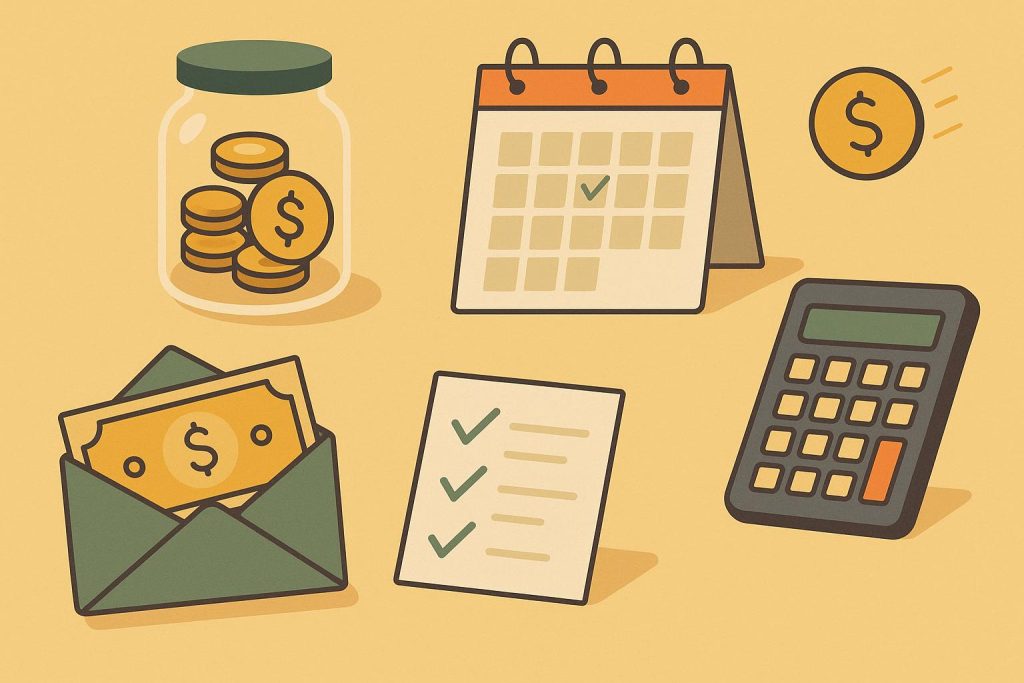 Stack of coins, notebook, and pen symbolizing practical daily money-saving habits