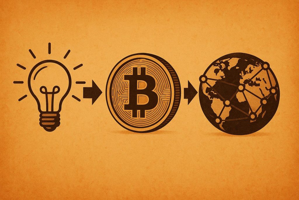 Bitcoin evolution illustrated with digital coins, blockchain network, and global financial symbols