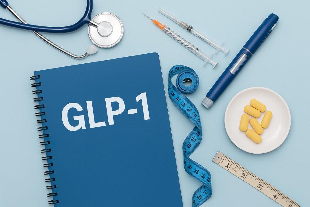 GLP-1 medication and healthy foods representing weight loss program guidance and tips