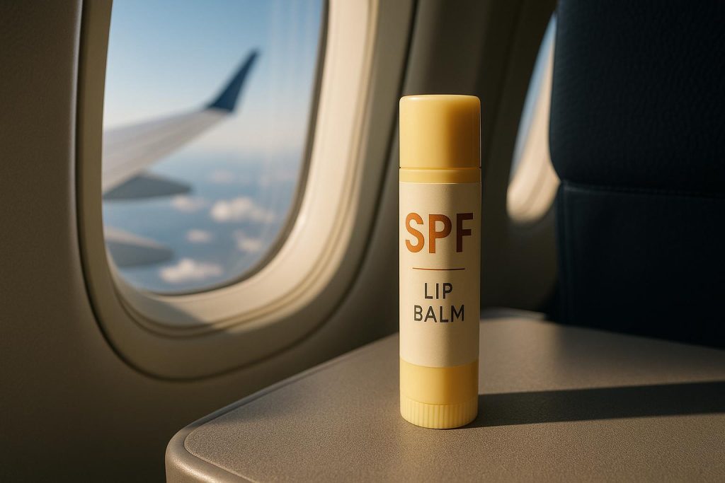 SPF lip balm and travel essentials on airplane tray table for long-haul flight protection