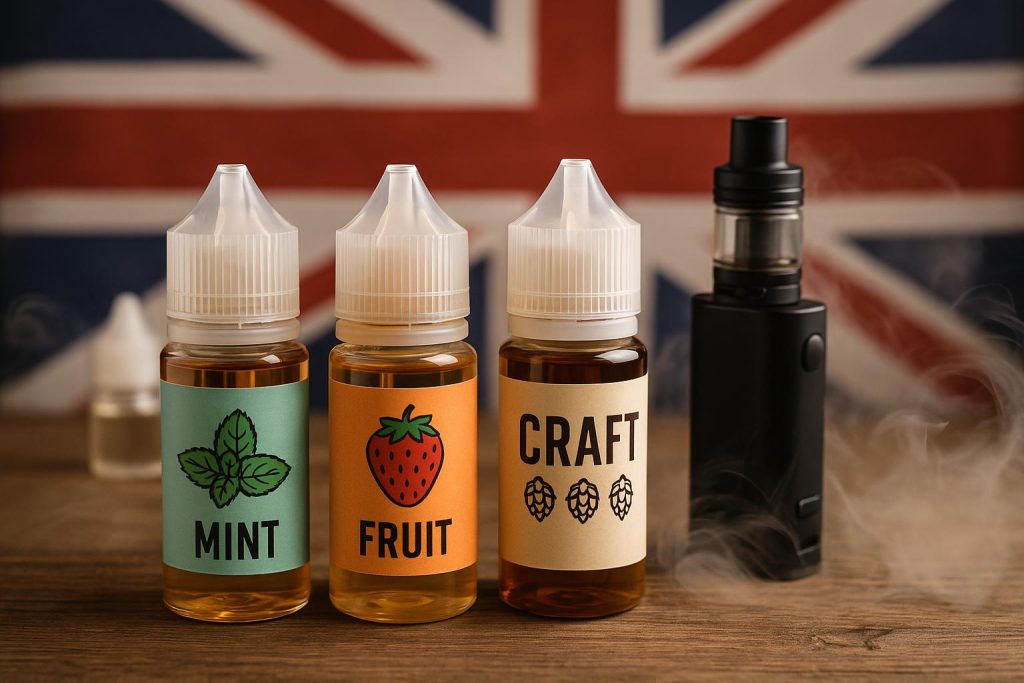 Colorful handcrafted e-liquid bottles displayed on a table, representing UK craft vaping industry