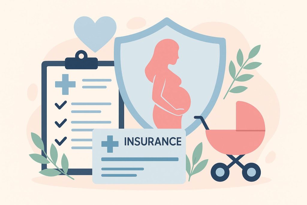 Pregnant woman holding belly with health insurance documents, representing maternity cover benefits