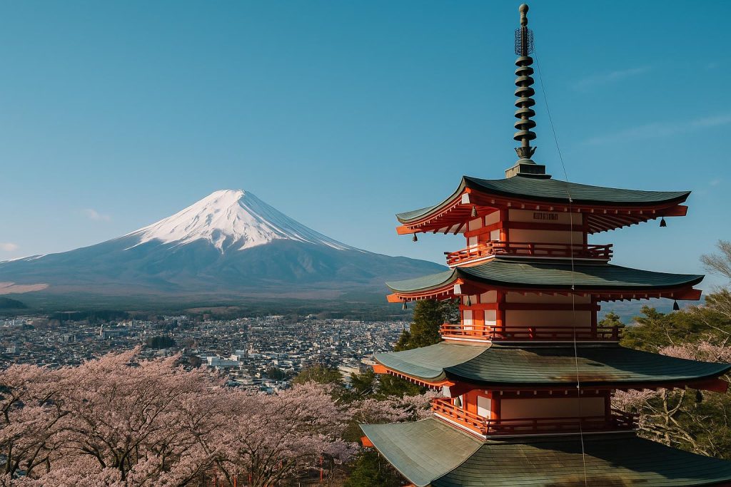 Cherry blossoms in Japan with traditional pagoda, highlighting travel packages for Indian tourists
