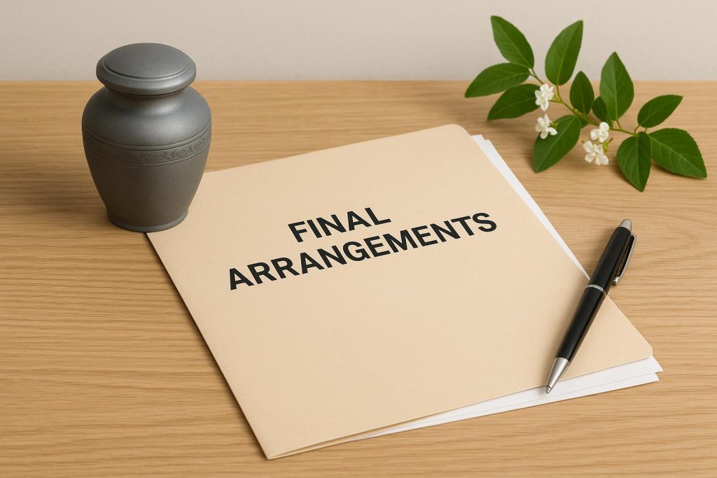 Funeral planning checklist, memorial flowers, and paperwork representing final care preparations