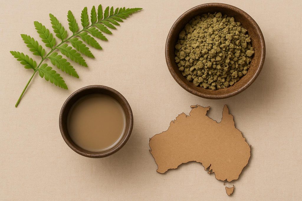 Kava root and prepared kava drink on a table, highlighting its use in Australian stress relief routines