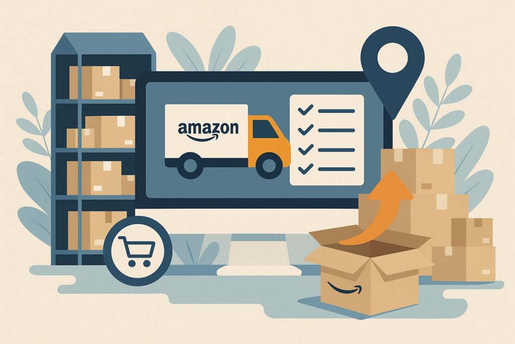 Amazon fulfillment center shelves with packages, ideal solution for ecommerce businesses logistics