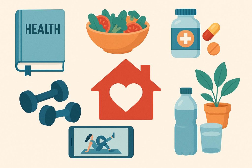 Looking after Your Health at Home: A How-to Guide Healthy home essentials for self-care and wellness, including vitamins, water, and cozy setting