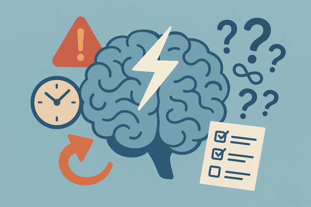 Signs You Might Have ADHD as an Adult (And What to Do Next) Scattered sticky notes, notebook, and pen representing adult ADHD symptoms and organization challenges