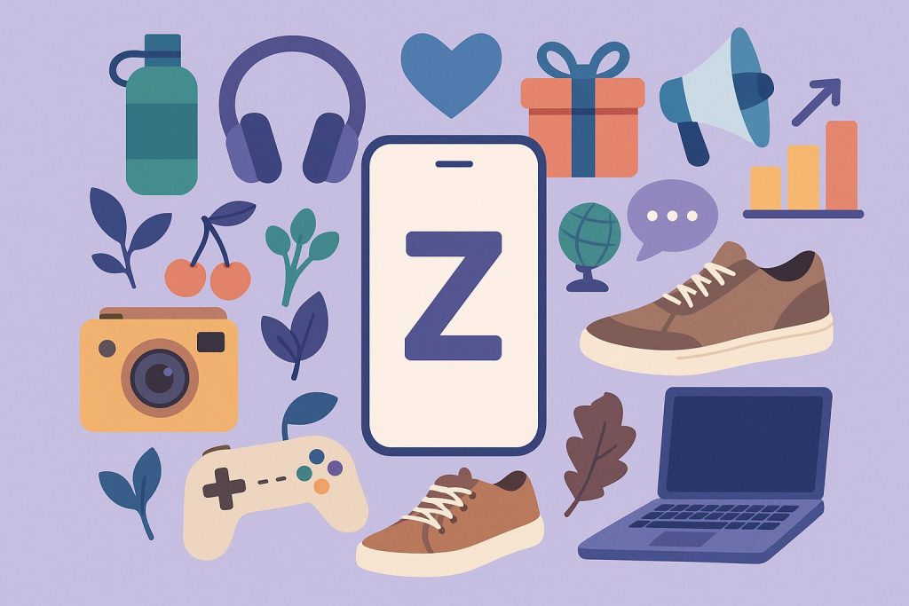 Gen Z Lifestyle Habits: Shaping a New Generation Trendy Gen Z workspace with digital devices, healthy snacks, and eco-friendly accessories