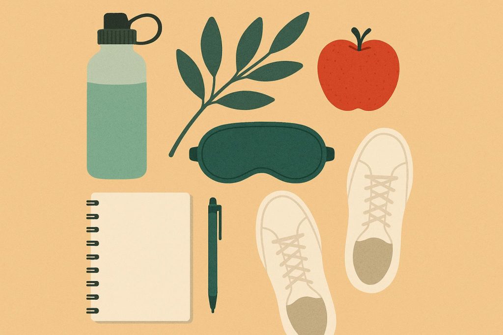 The Small Health Habits That Help You Feel More Like Yourself Morning routine with healthy breakfast, journal, and yoga mat promoting daily wellness habits