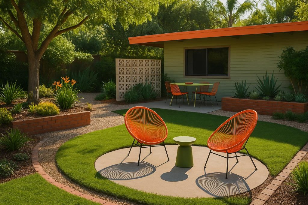 Bringing Back the Backyard: Why Retro Garden Design Still Feels Fresh Vintage backyard garden with colorful flowers, retro patio furniture, and lush green lawn