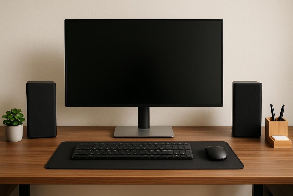 The Desk Setup Details Most People Only Notice When They’re Wrong Organized modern desk setup with computer, keyboard, stationery, and ergonomic accessories