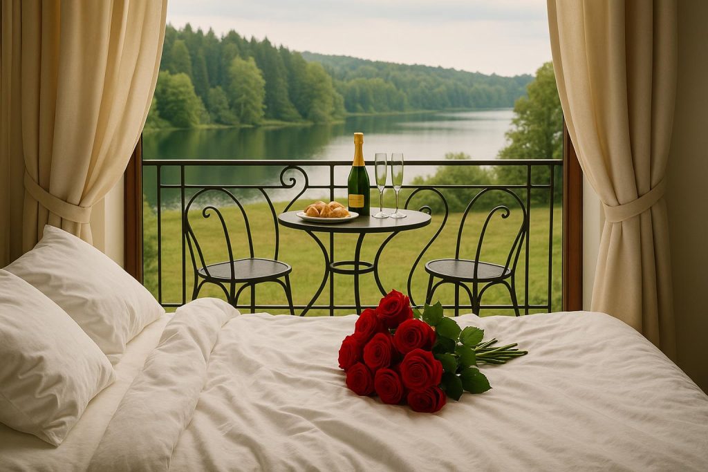 Planning a Weekend Away That Actually Feels Romantic Candlelit dinner setup by a lakeside cabin, evoking a cozy and romantic weekend getaway