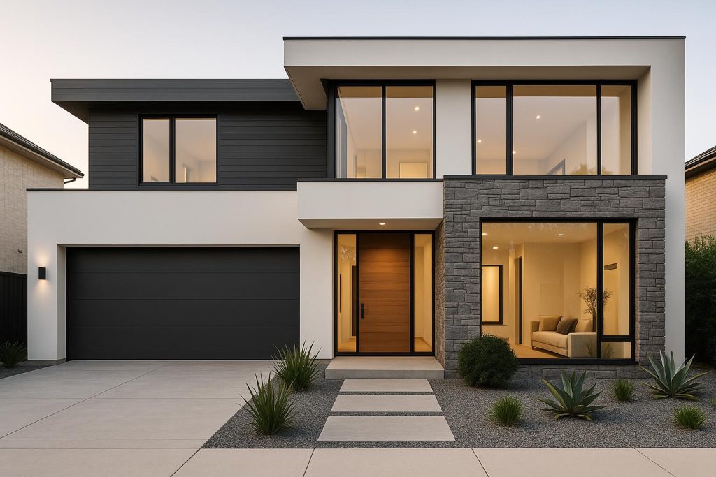 Modern home exterior showcasing innovative architectural design and stylish facade materials