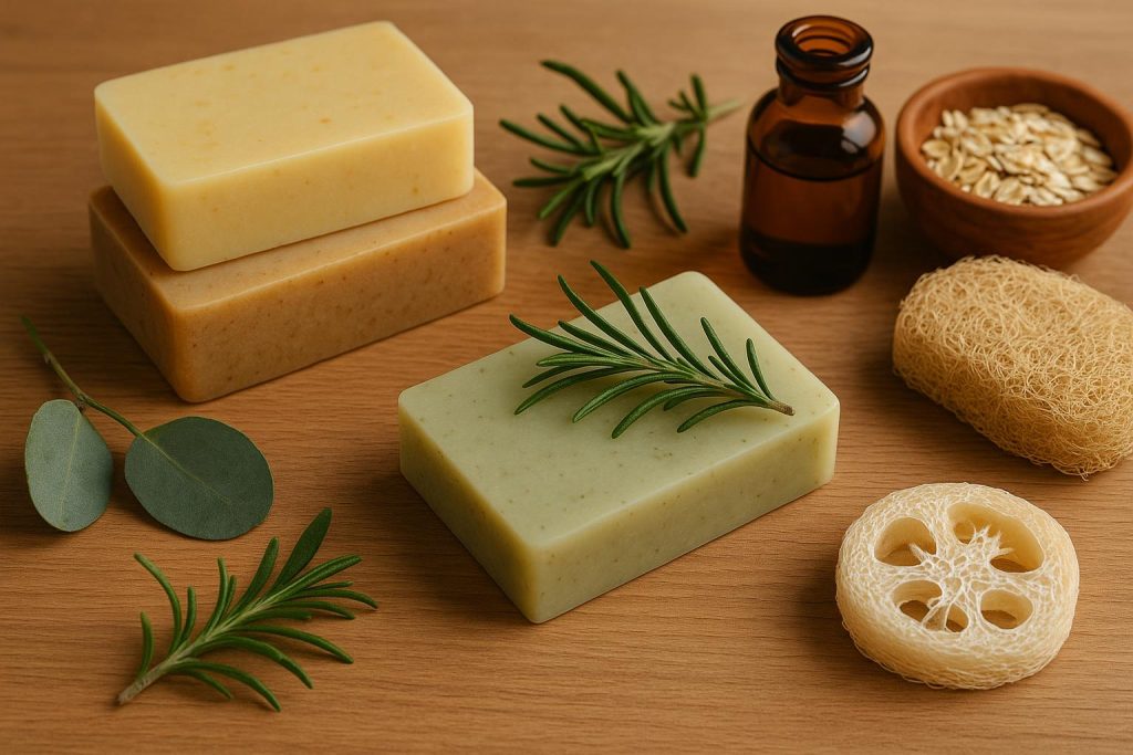 Assortment of natural soap bars with plant ingredients on a wooden tray for daily skincare