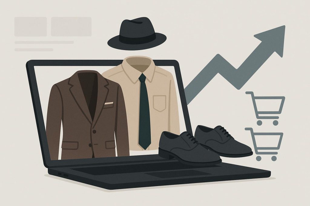 Tailored suits and classic menswear accessories showcased in a modern, digitally connected setting