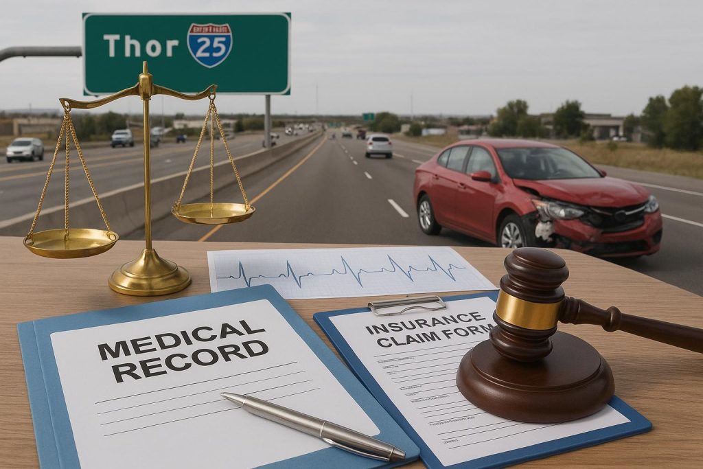 Thornton and I-25 Corridor Crash Injuries: Medical Treatment, Evidence, Insurance Disputes, and the Need for Legal Help Car crash on Thornton and I-25 Corridor with emergency vehicles and road debris visible