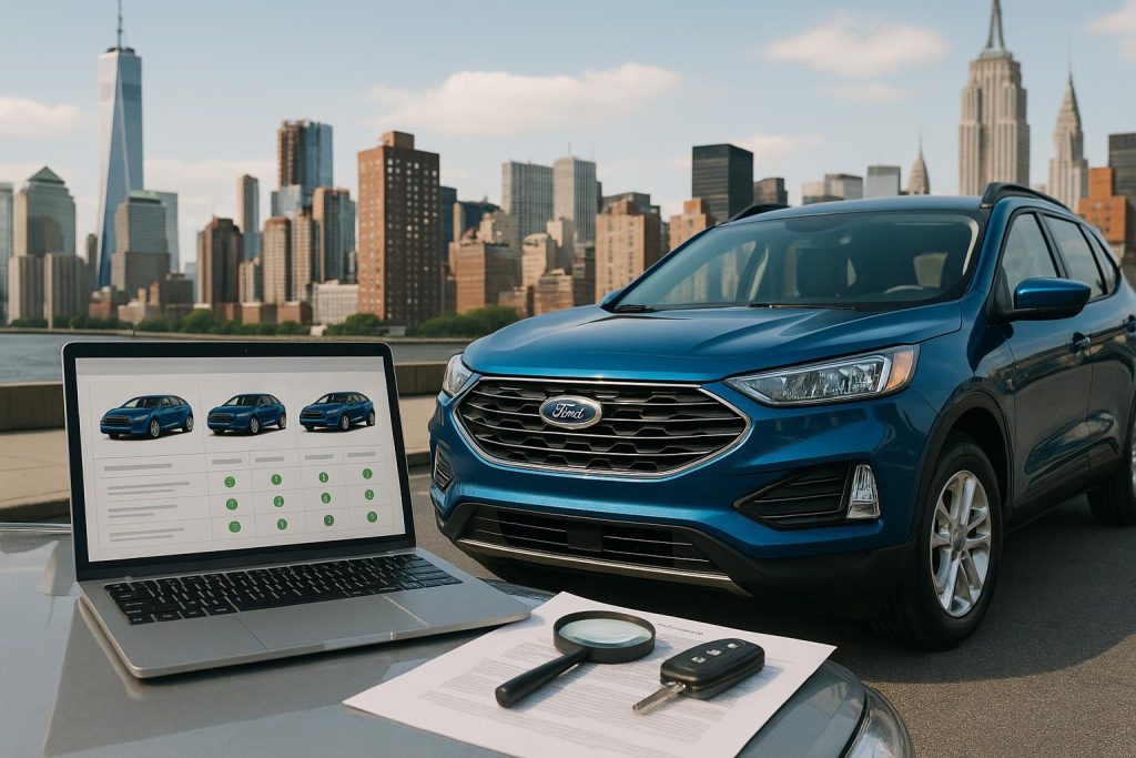 Ford cars at a New York dealership lot, showcasing models and prices for buyers comparing deals