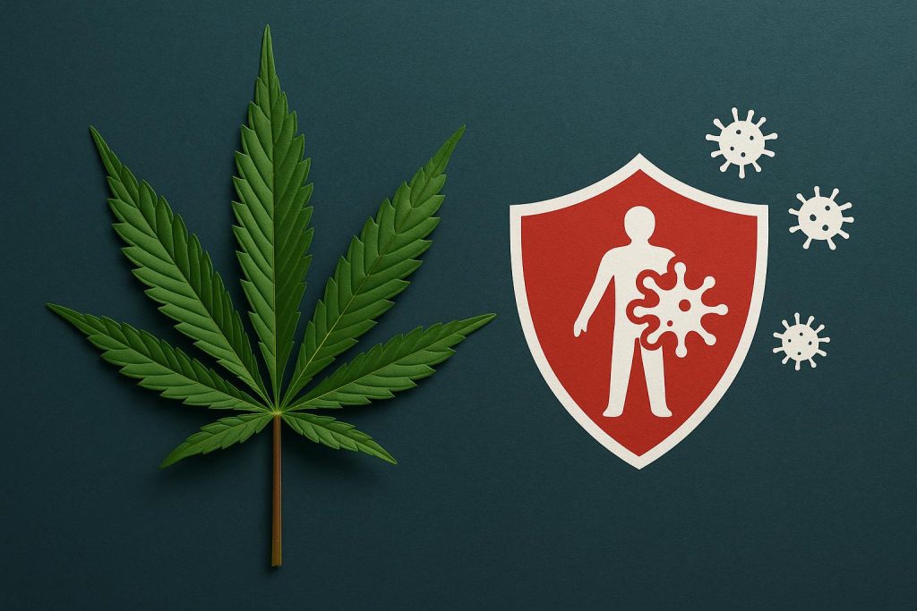 Cannabis and Immune System Function: What Current Research Suggests Cannabis leaf with immune system graphics illustrating research on cannabis and immunity