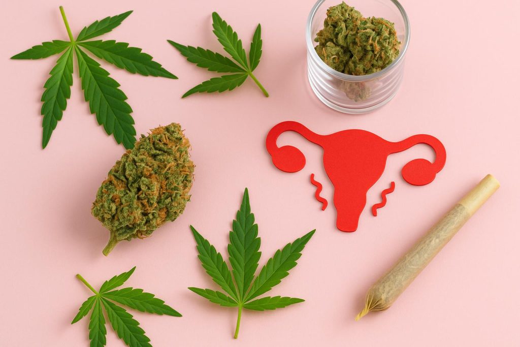 Best Cannabis Strains for Menstrual Pain and Cramp Relief Various cannabis buds and leaves arranged with menstrual relief products on a neutral background.