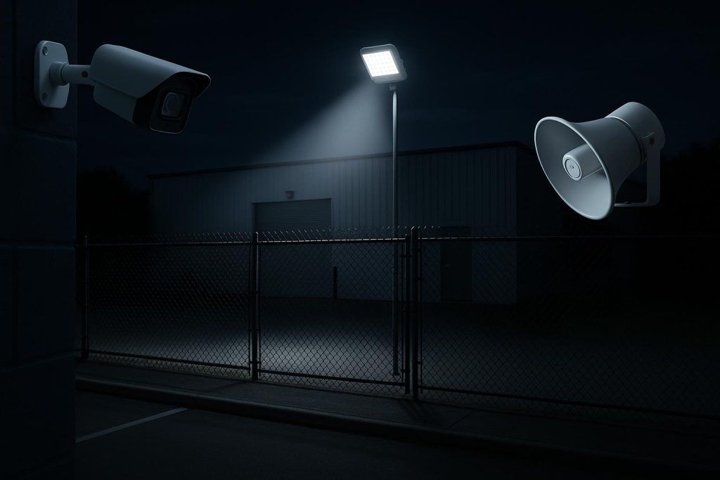 Top 3 Devices to Remotely Prevent Loitering on Your Company Property at Night Security cameras and smart deterrent devices installed around a commercial property at night