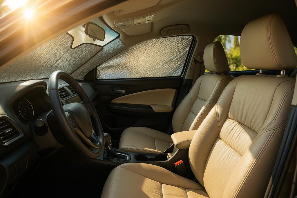 Smart Strategies to Protect Your Vehicle Interior from Sun Damage and Wear Car dashboard and seats shielded by sunshade, showcasing sun protection for vehicle interiors