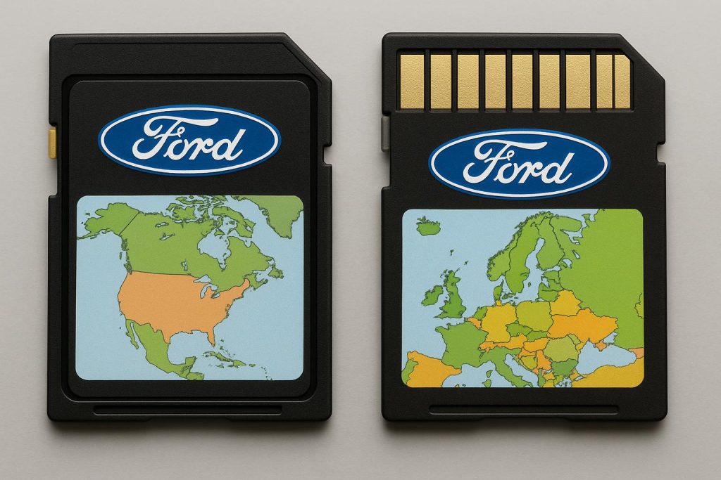 Ford Navigation SD Cards for North America and Europe Ford navigation SD cards for North America and Europe displayed with regional map backgrounds