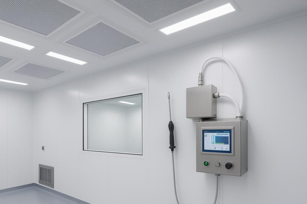 HEPA filter integrity testing equipment operating inside a controlled cleanroom environment