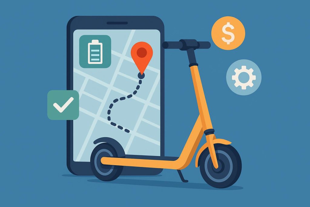 Modern electric scooters with a mobile app interface highlighting cost-effective features