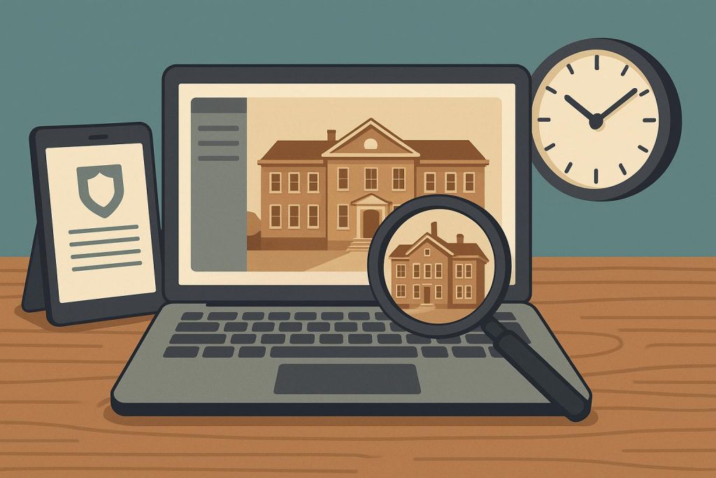 Simple Ways to Explore Your School History Online Vintage school building with old yearbooks and computer, representing online school history research