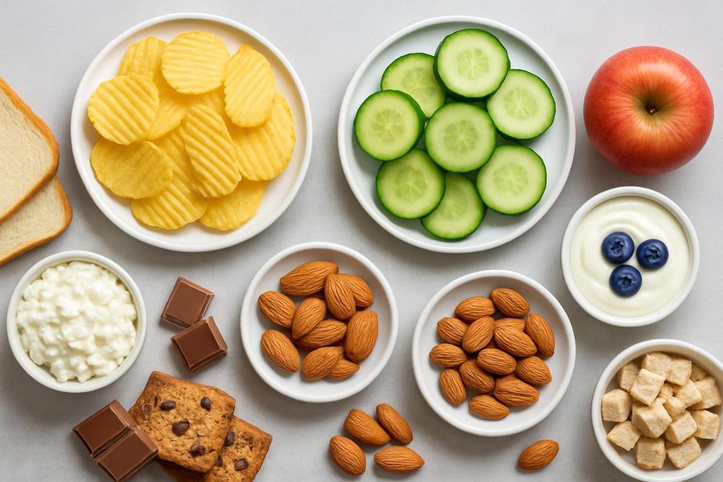 Healthy Snack Swaps That Actually Keep You Feeling Full Assorted healthy snack options like nuts, yogurt, fruits, and vegetables on a wooden table