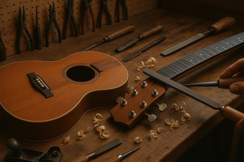 How Learning Basic Luthier Skills Can Make You a Better Guitar Player Hands adjusting guitar neck with tools, showcasing luthier skills for improving guitar playing