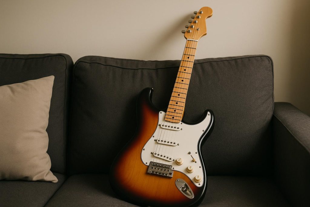 Every Music Lover Should Own an Electric Guitar, Even Without Stage Dreams Close-up of classic electric guitar showcasing strings and body, ideal for music enthusiasts