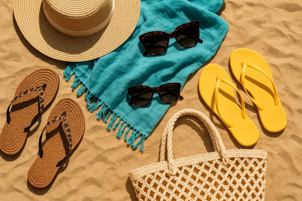 The Most Versatile Accessories to Pack for a Beach Vacation Straw hat, sunglasses, and beach tote arranged on sand beside tropical blue ocean waves