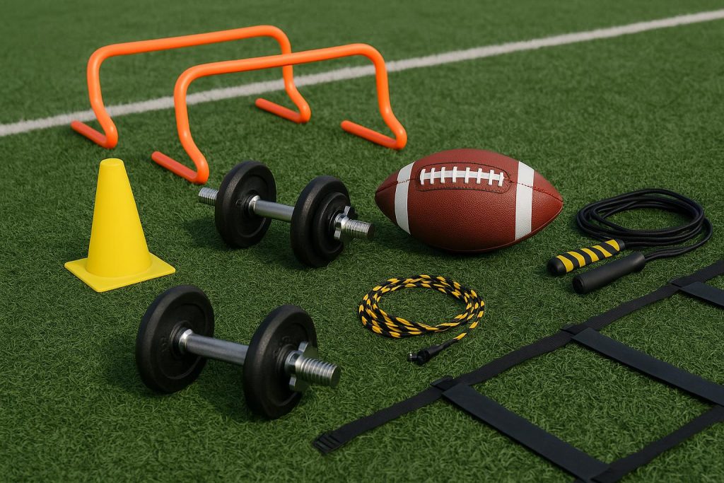 6 Tools To Help You Prep for Football Try-Outs Football gear and training equipment arranged on a field for pre-season try-out preparation