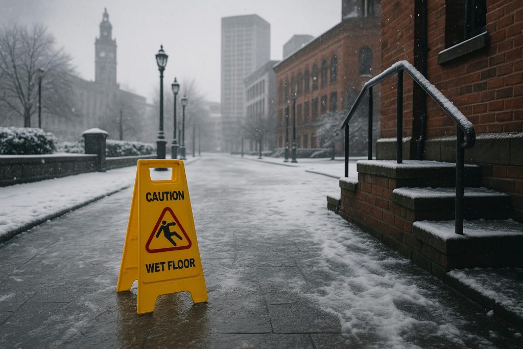 Liability for Storm-Related Slip and Falls in Birmingham Wet Birmingham sidewalk after storm with warning sign, illustrating slip and fall hazard