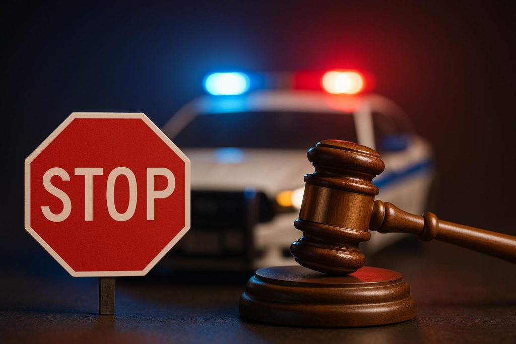 Public Safety vs. Due Process: The Quiet Tension at the Heart of DUI Law Police car lights illuminate a road at night, highlighting the conflict in DUI law enforcement